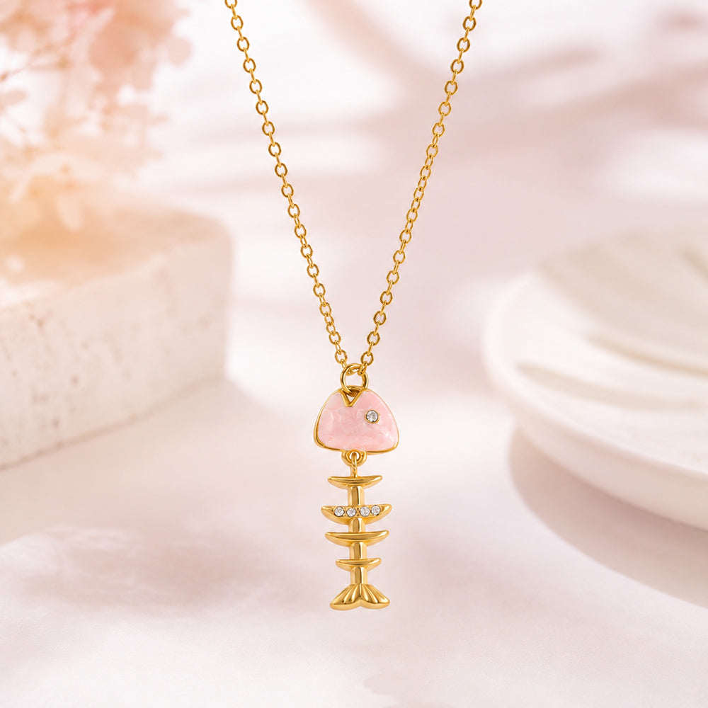 Marine Style Fish Bone Necklace For Women In 304 Stainless Steel With 18K Gold Plated PVD Coating And Rhinestones, Cable Chain