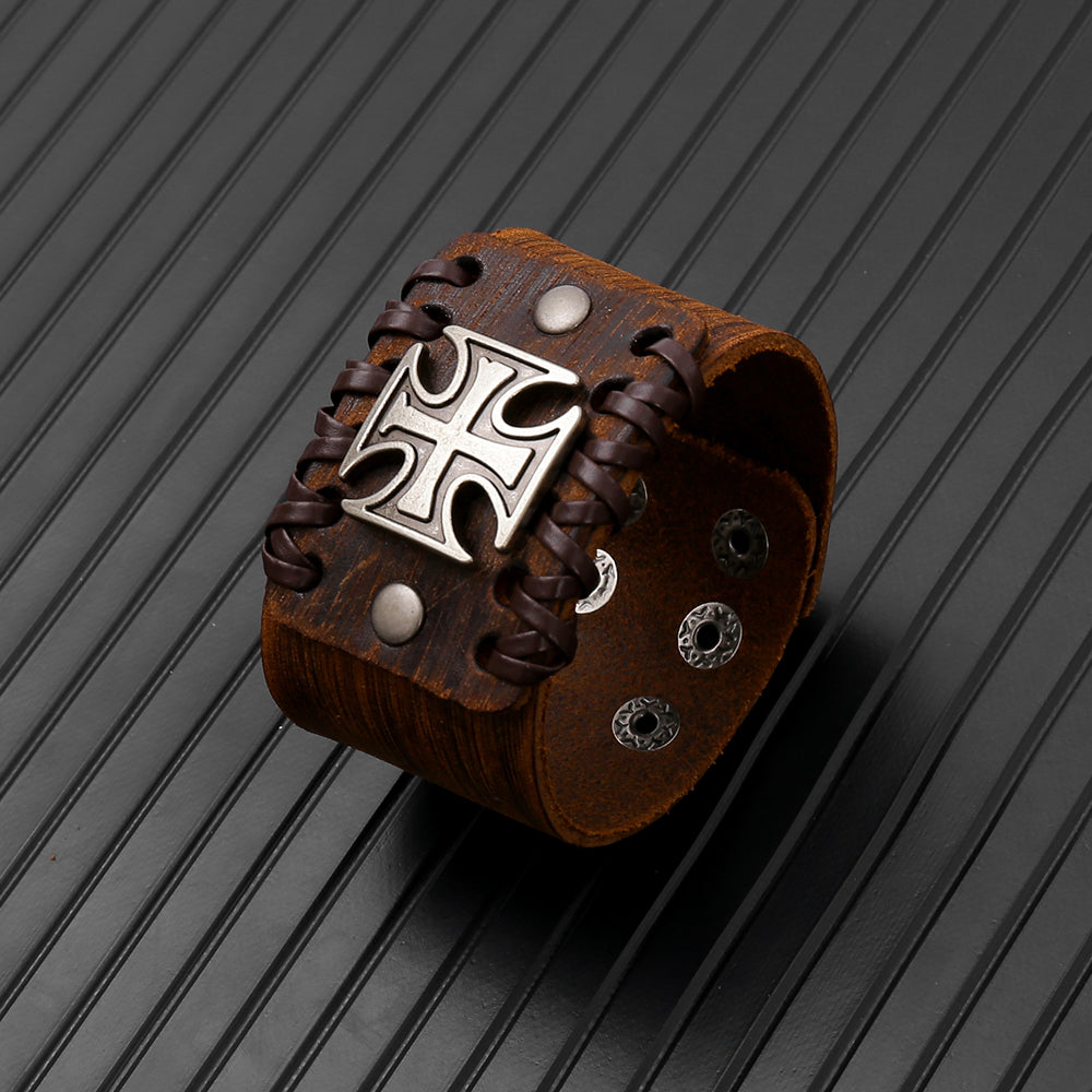 Handmade Classic Style Cross Couple Bracelets With Leather Rope Wristband In PU Leather