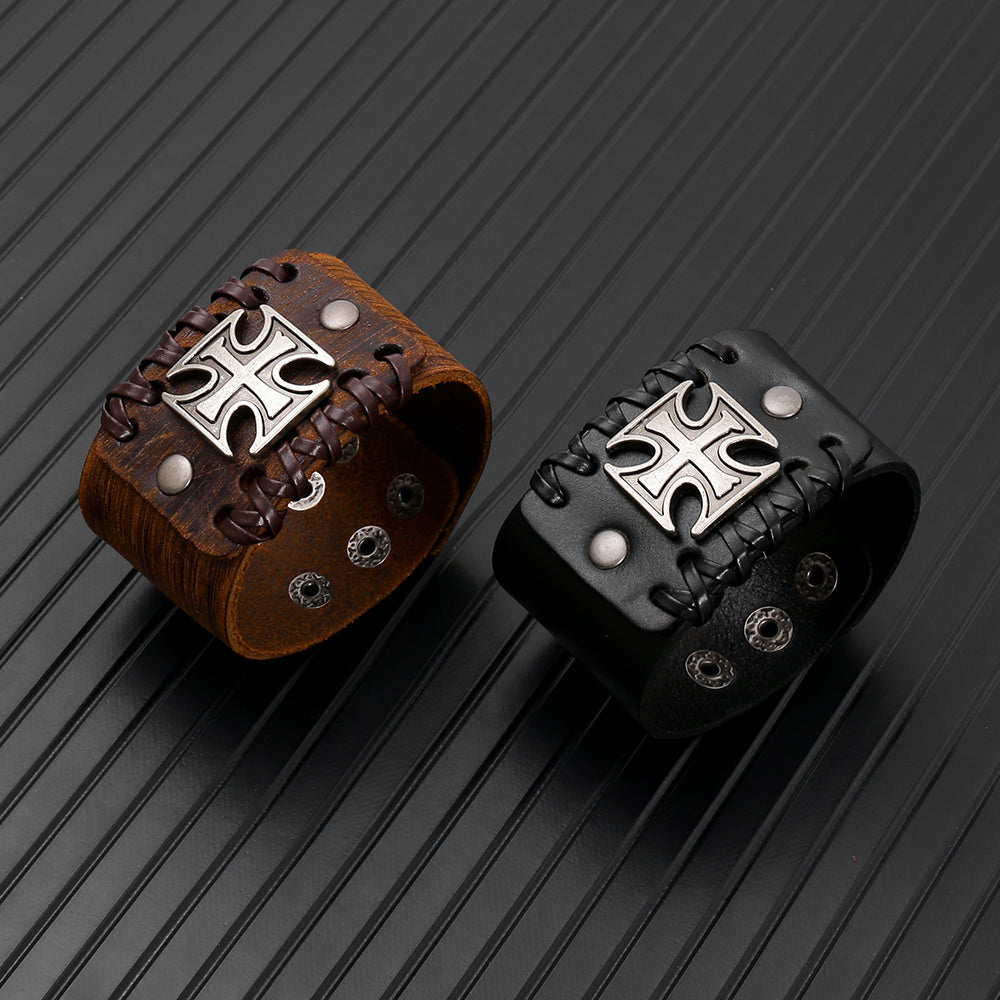 Handmade Classic Style Cross Couple Bracelets With Leather Rope Wristband In PU Leather