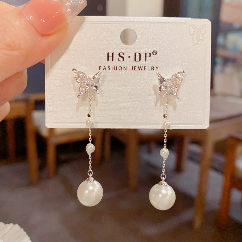 Butterfly Tassel Drop Earrings For Women In Copper With Real Gold Plated Finish And Zircon Inlay