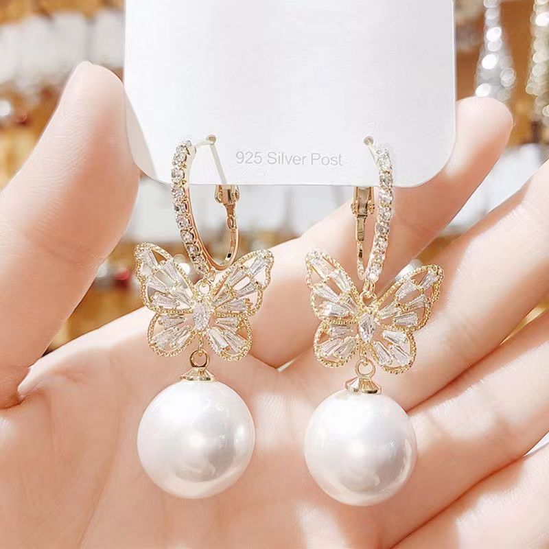 Butterfly Earrings In Alloy With Zircon Inlay, Featuring 925 Sterling Silver Posts, New Style For Women
