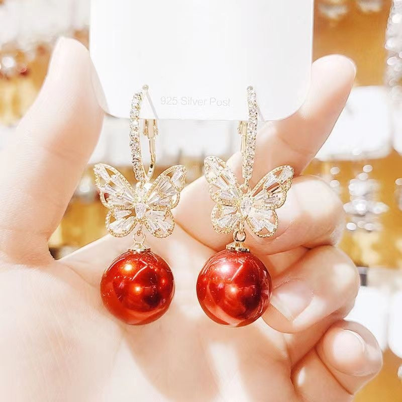 Butterfly Earrings In Alloy With Zircon Inlay, Featuring 925 Sterling Silver Posts, New Style For Women