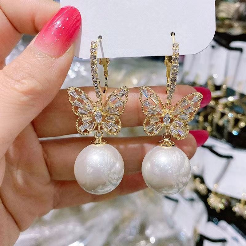 Butterfly Earrings In Alloy With Zircon Inlay, Featuring 925 Sterling Silver Posts, New Style For Women
