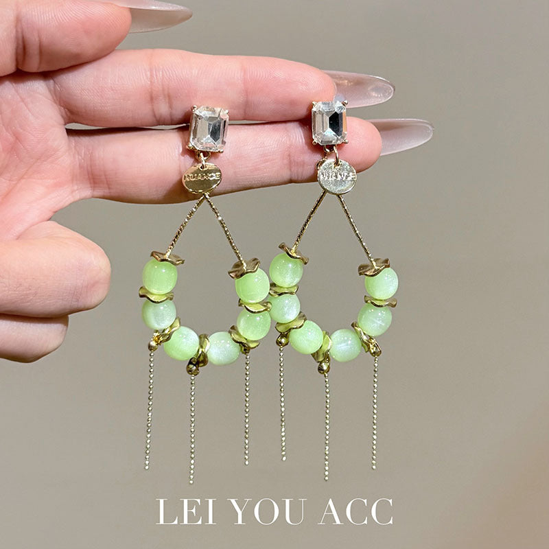 Exaggerated Tassel Earrings For Women In Green Featuring Beading Craft And Rhinestone Inlay With Zinc Alloy Material