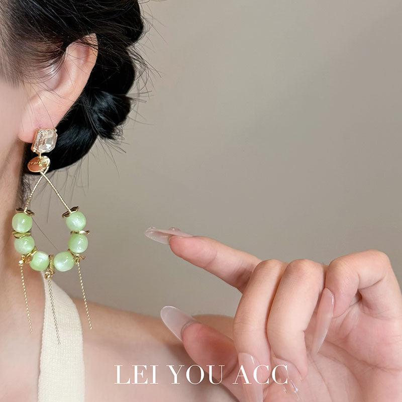 Exaggerated Tassel Earrings For Women In Green Featuring Beading Craft And Rhinestone Inlay With Zinc Alloy Material