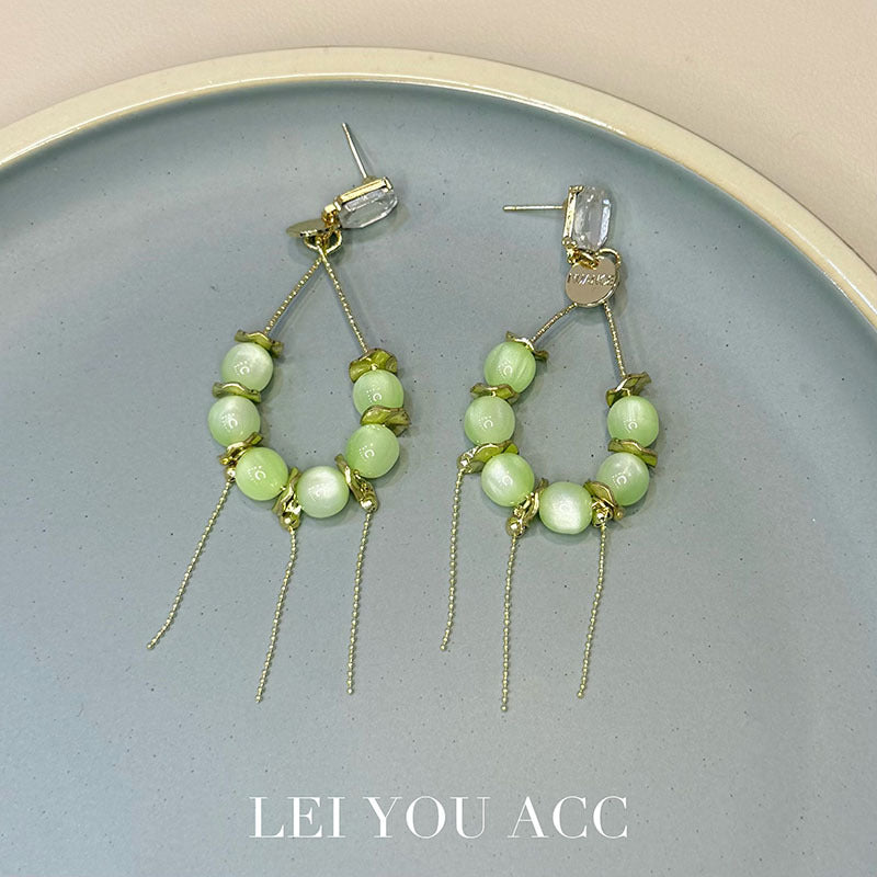 Exaggerated Tassel Earrings For Women In Green Featuring Beading Craft And Rhinestone Inlay With Zinc Alloy Material