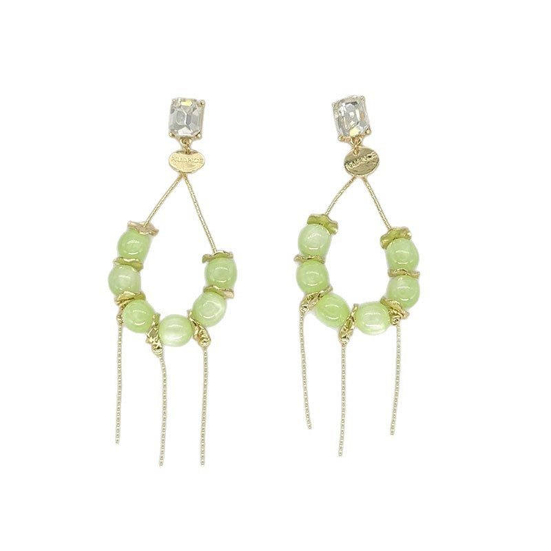 Exaggerated Tassel Earrings For Women In Green Featuring Beading Craft And Rhinestone Inlay With Zinc Alloy Material