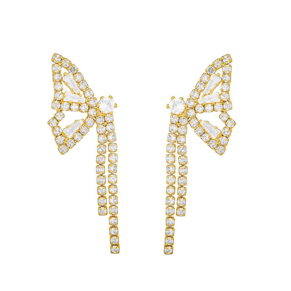 New Style Butterfly Tassel Earrings In Copper With Real Gold Plated Electroplated Finish And Rhinestone Inlay