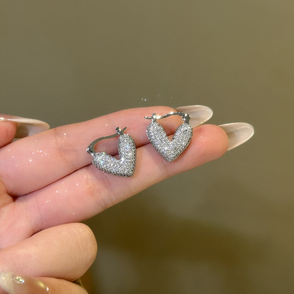 Heart Shape Stud Earrings For Women In Copper With Real Gold Plating And Rhinestone Inlay, Featuring 925 Sterling Silver Posts