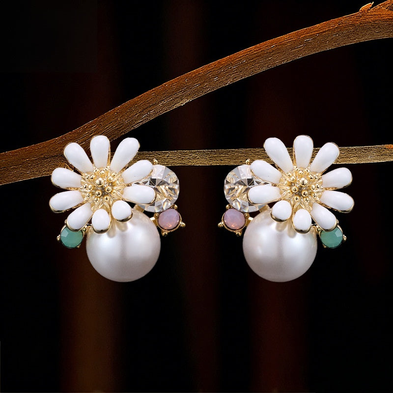 Daisy Enamel Stud Earrings For Women With Copper Base And Zircon Inlay, Featuring 925 Sterling Silver Posts