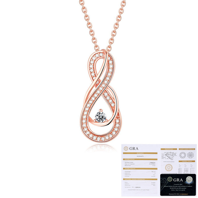 Infinity Pendant Necklace For Women In 925 Sterling Silver With Moissanite Inlay And Rose Gold Cable Chain