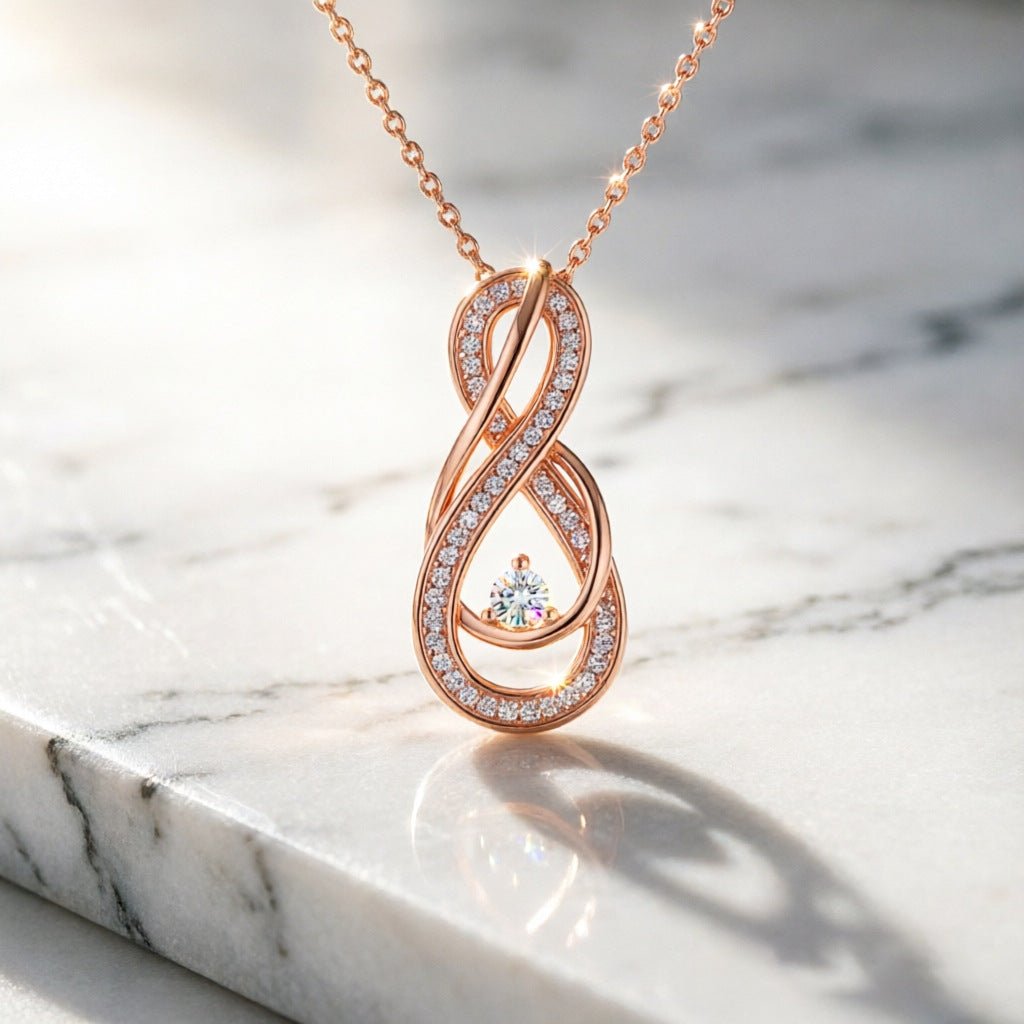Infinity Pendant Necklace For Women In 925 Sterling Silver With Moissanite Inlay And Rose Gold Cable Chain