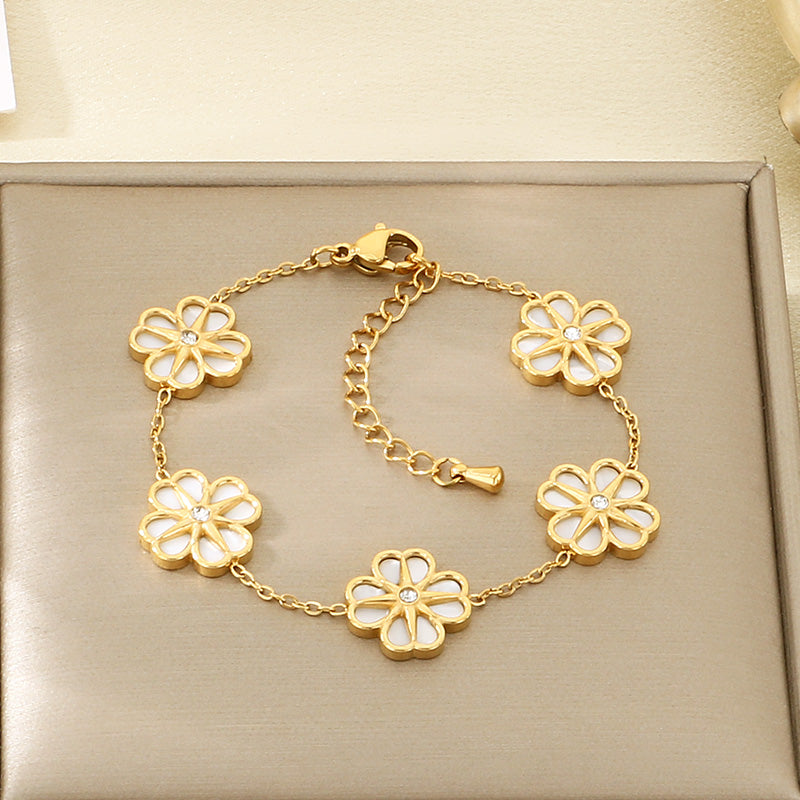 Electroplated Flowers Bracelet For Women In 304 Stainless Steel With 18K Real Gold Plated PVD Coating And Rhinestone Inlay