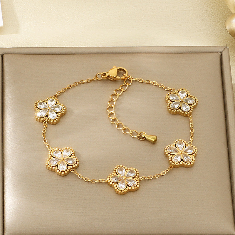 Electroplated Flowers Bracelet For Women In 304 Stainless Steel With 18K Real Gold Plated PVD Coating And Rhinestone Inlay