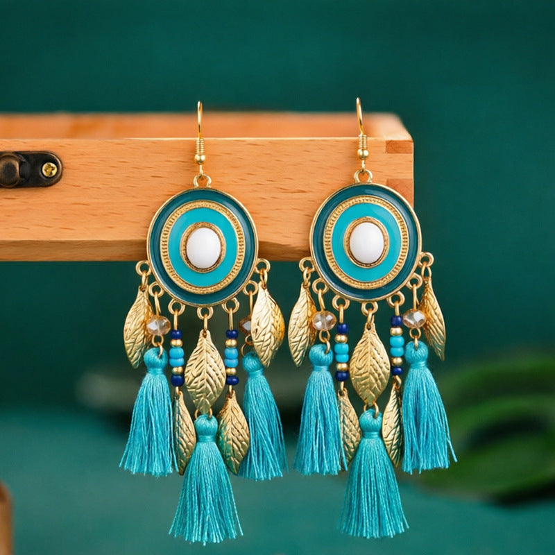 Bohemian Tassel Earrings For Women In Peacock Blue Synthetic Fibre Featuring Elegant Craftsmanship