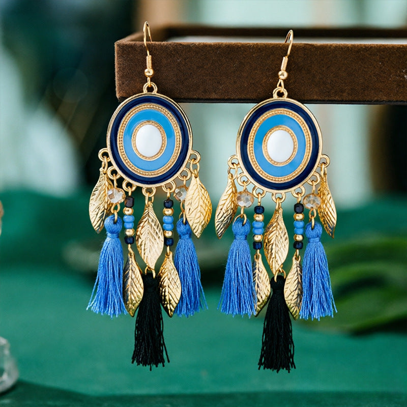 Bohemian Tassel Earrings For Women In Peacock Blue Synthetic Fibre Featuring Elegant Craftsmanship