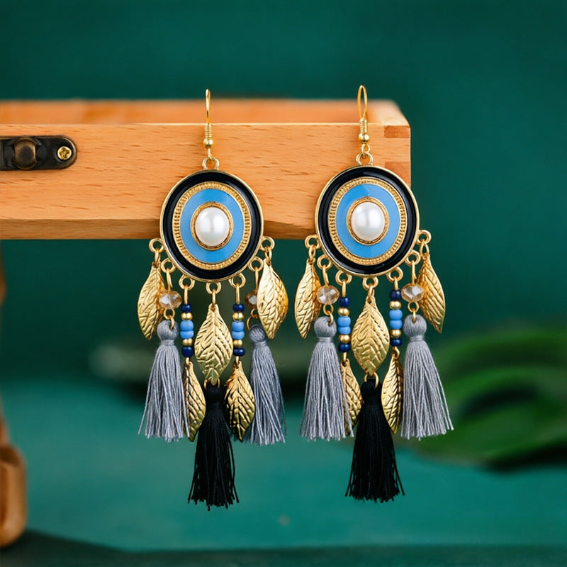 Bohemian Tassel Earrings For Women In Peacock Blue Synthetic Fibre Featuring Elegant Craftsmanship