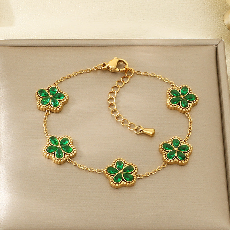 Electroplated Flowers Bracelet For Women In 304 Stainless Steel With 18K Real Gold Plated PVD Coating And Rhinestone Inlay