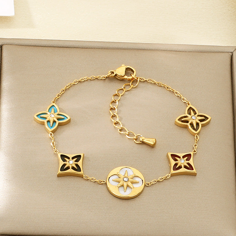 Electroplated Flowers Bracelet For Women In 304 Stainless Steel With 18K Real Gold Plated PVD Coating And Rhinestone Inlay