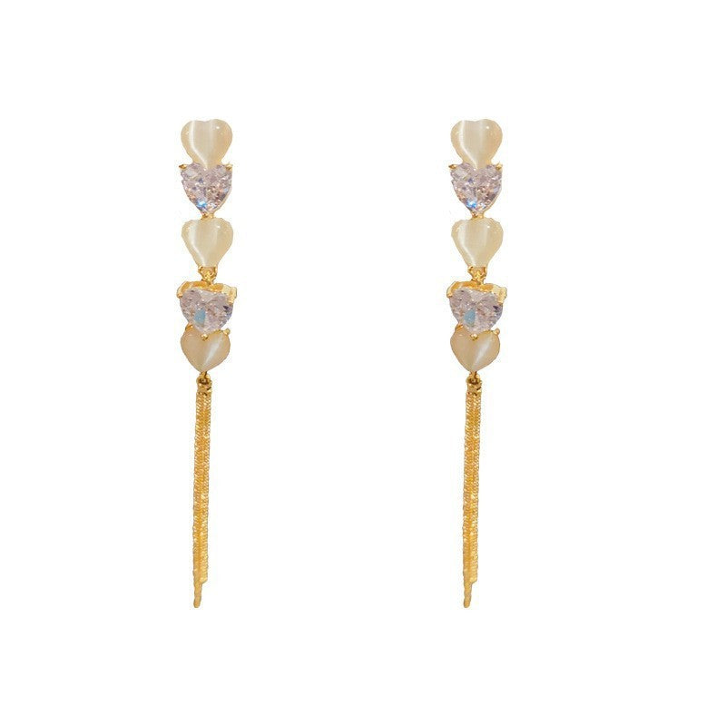 Heart Shape Tassel Drop Earrings For Women With Copper Ear Pins, Real Gold Plated And Zircon Inlay