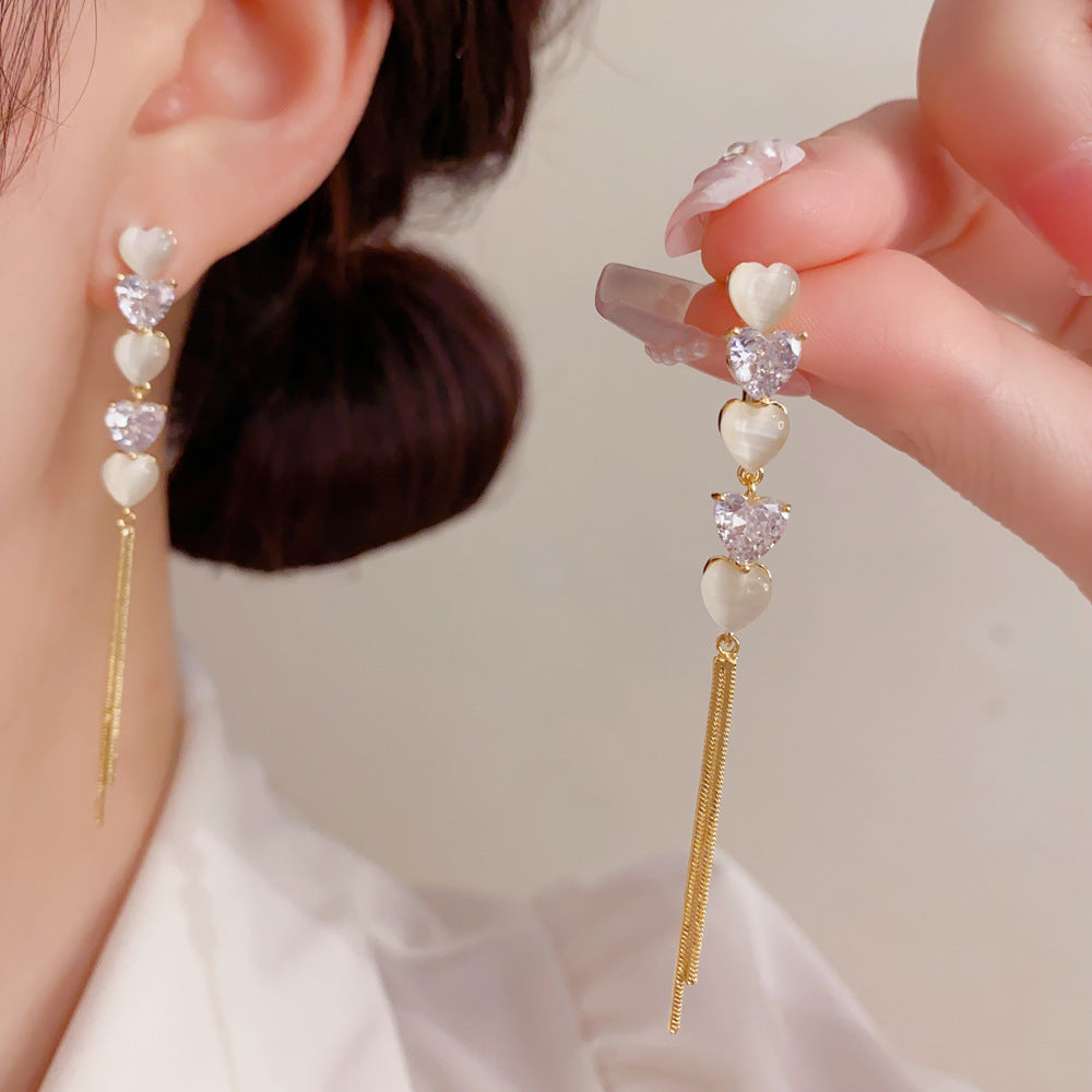 Heart Shape Tassel Drop Earrings For Women With Copper Ear Pins, Real Gold Plated And Zircon Inlay