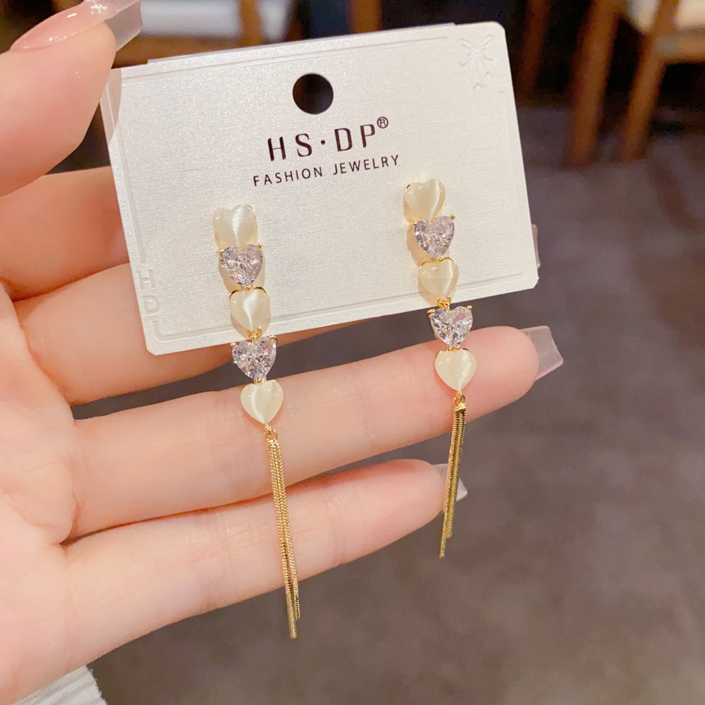 Heart Shape Tassel Drop Earrings For Women With Copper Ear Pins, Real Gold Plated And Zircon Inlay