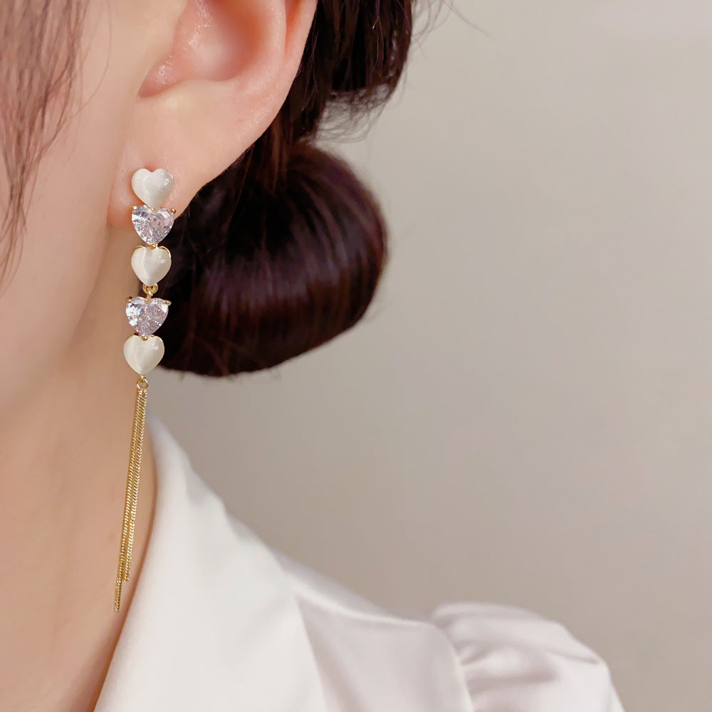 Heart Shape Tassel Drop Earrings For Women With Copper Ear Pins, Real Gold Plated And Zircon Inlay