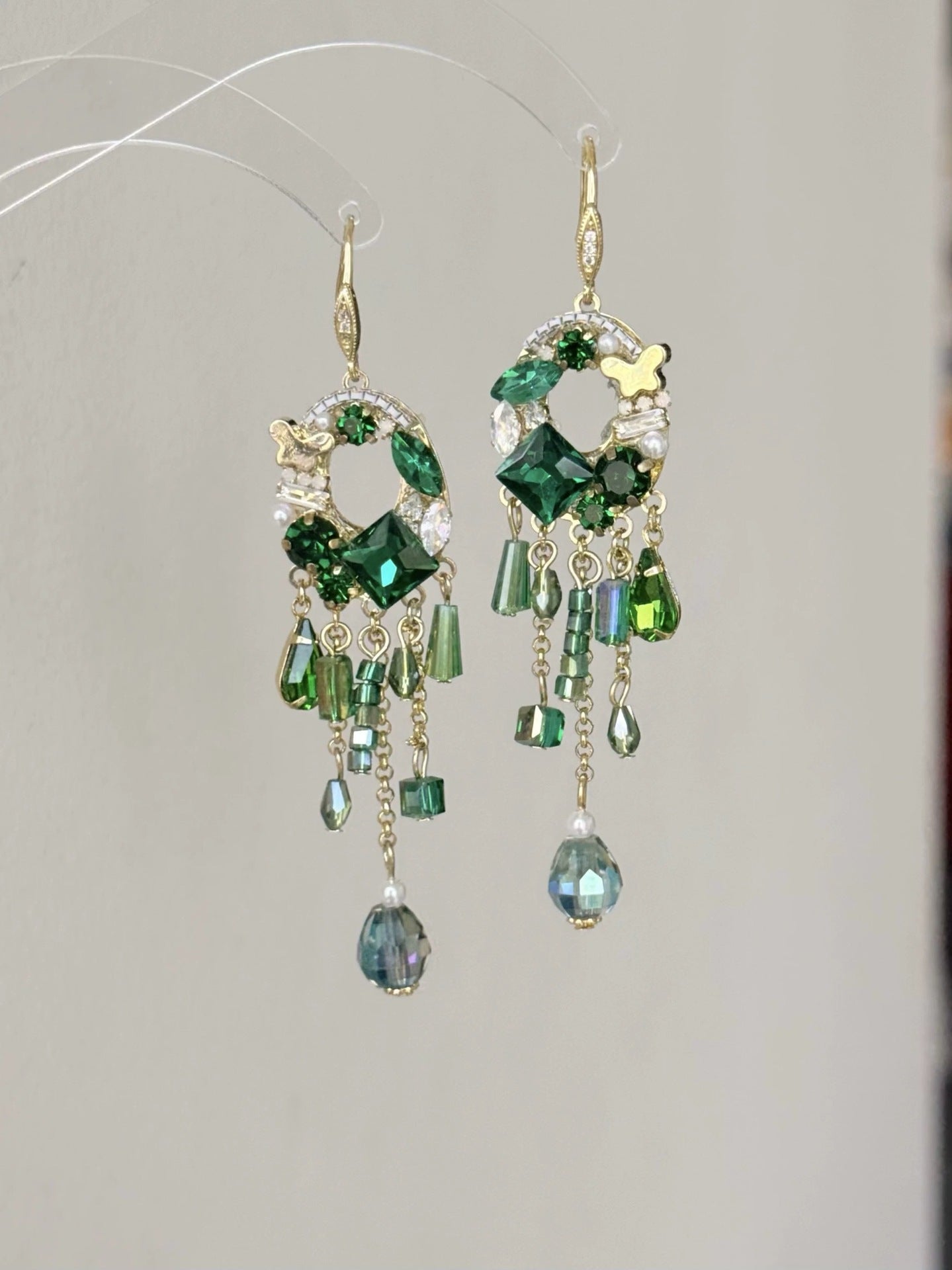 Bohemian Tassel Earrings For Women In Green Alloy Featuring Labradorite Inlay