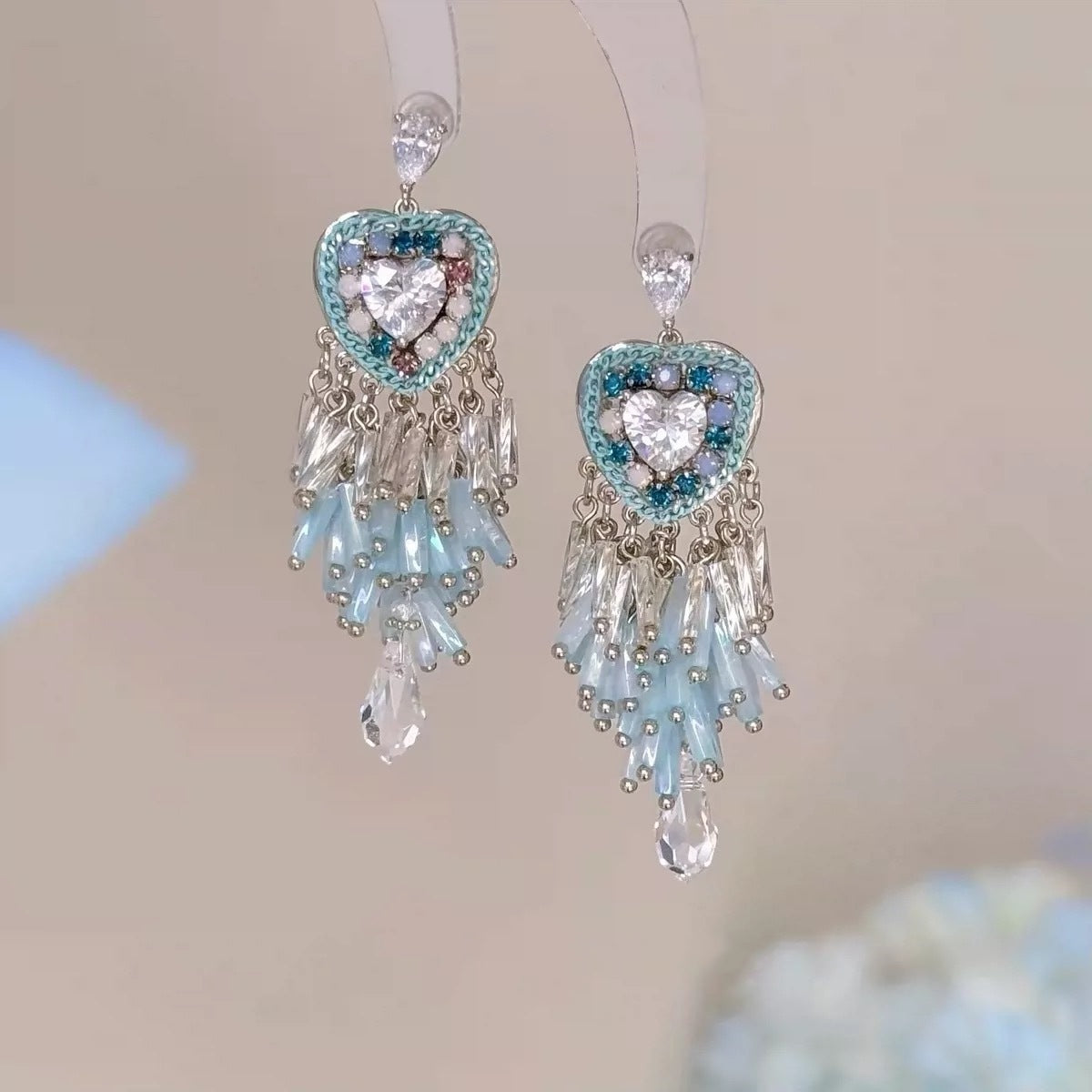 Bohemian Tassel Earrings For Women In Green Alloy Featuring Labradorite Inlay