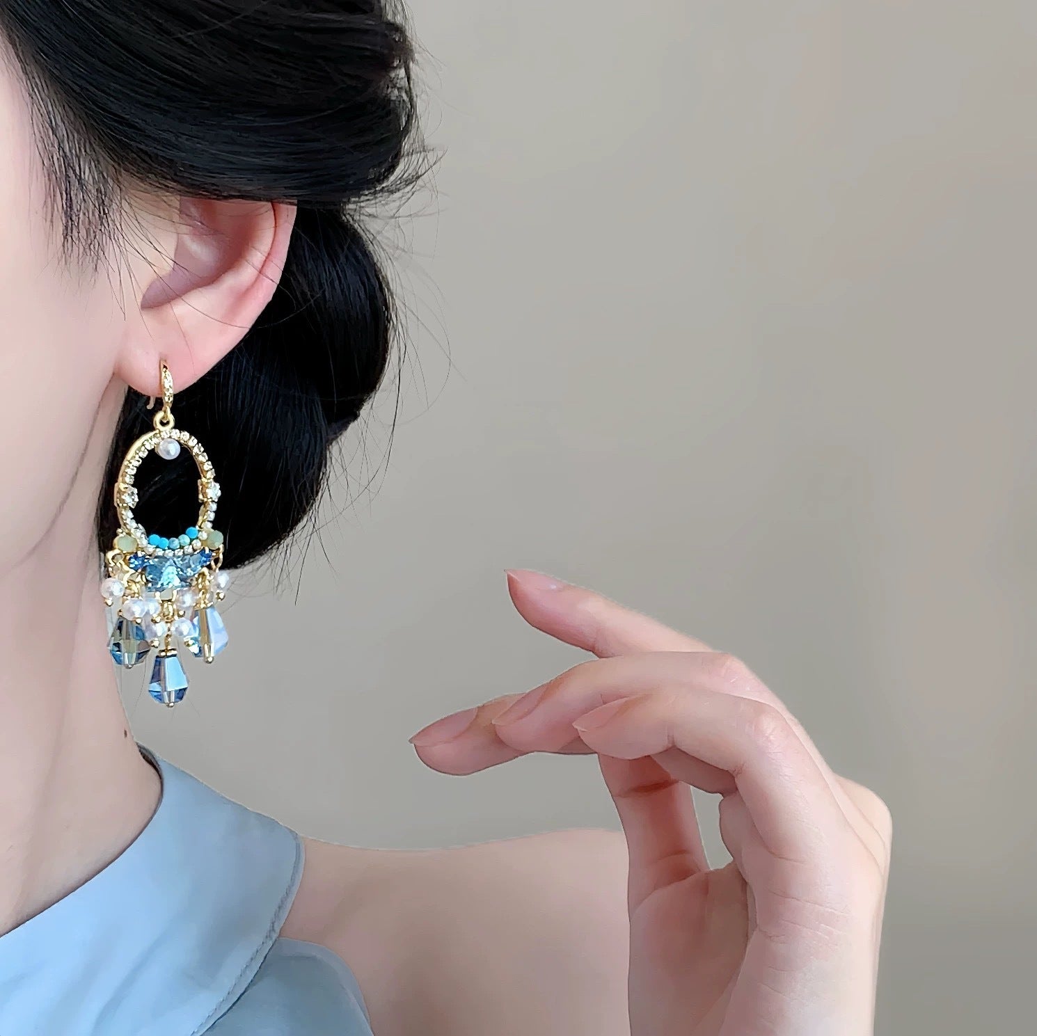 Bohemian Tassel Earrings For Women In Green Alloy Featuring Labradorite Inlay