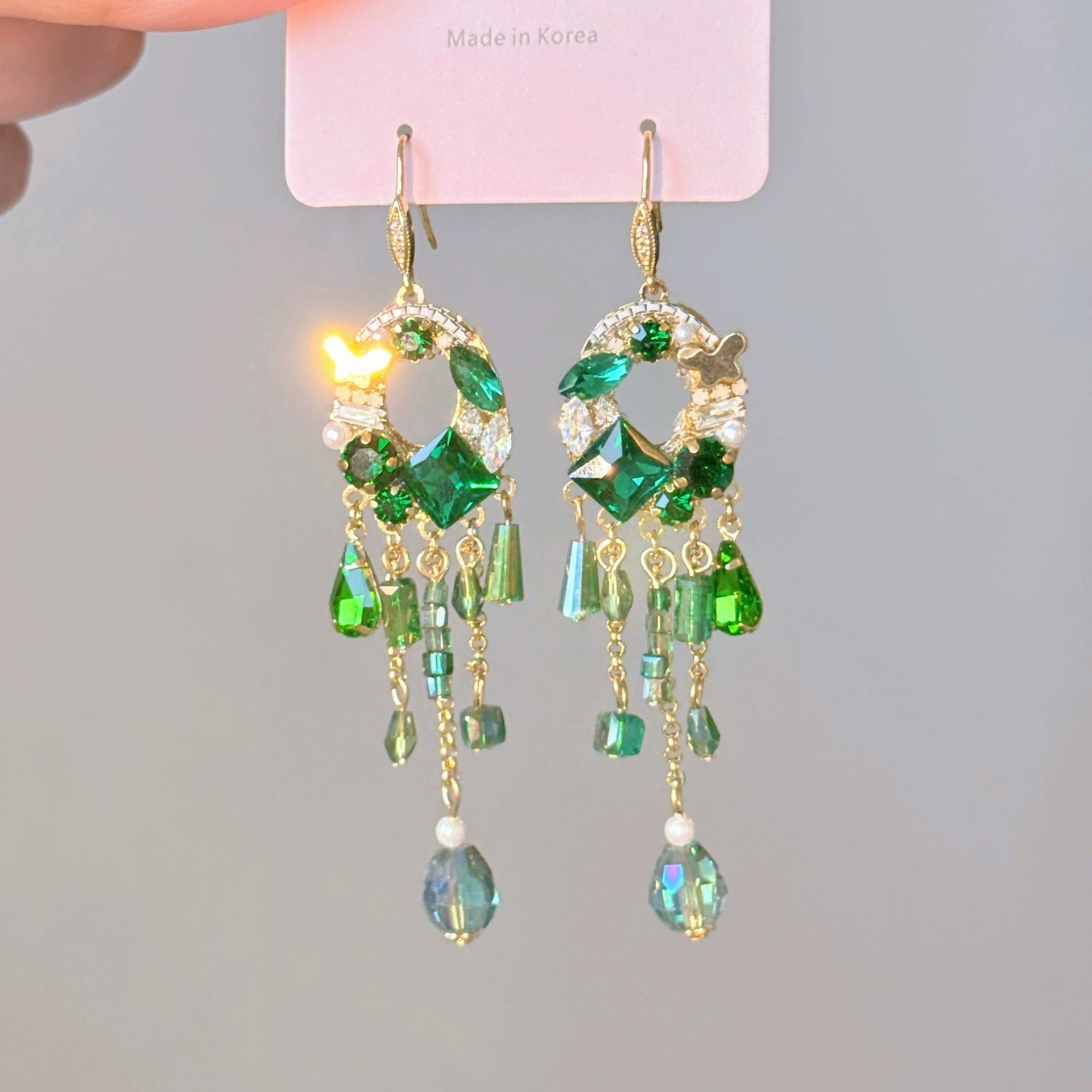 Bohemian Tassel Earrings For Women In Green Alloy Featuring Labradorite Inlay