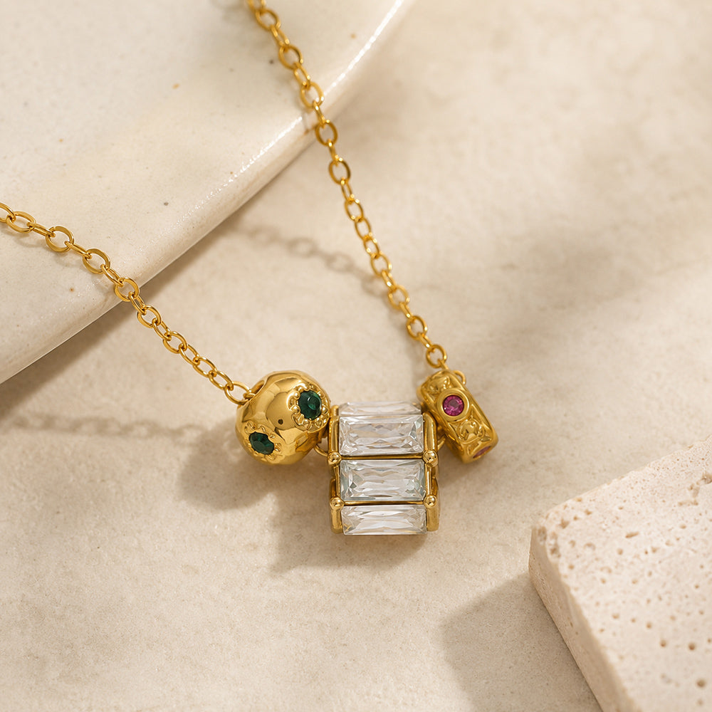 Geometric IG Style Necklace For Women In 304 Stainless Steel With 18K Gold Plated PVD, Zircon, Cable Chain