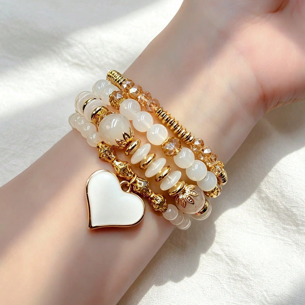 Bohemian Heart Shape Beaded Bracelet For Women In Beige Alloy