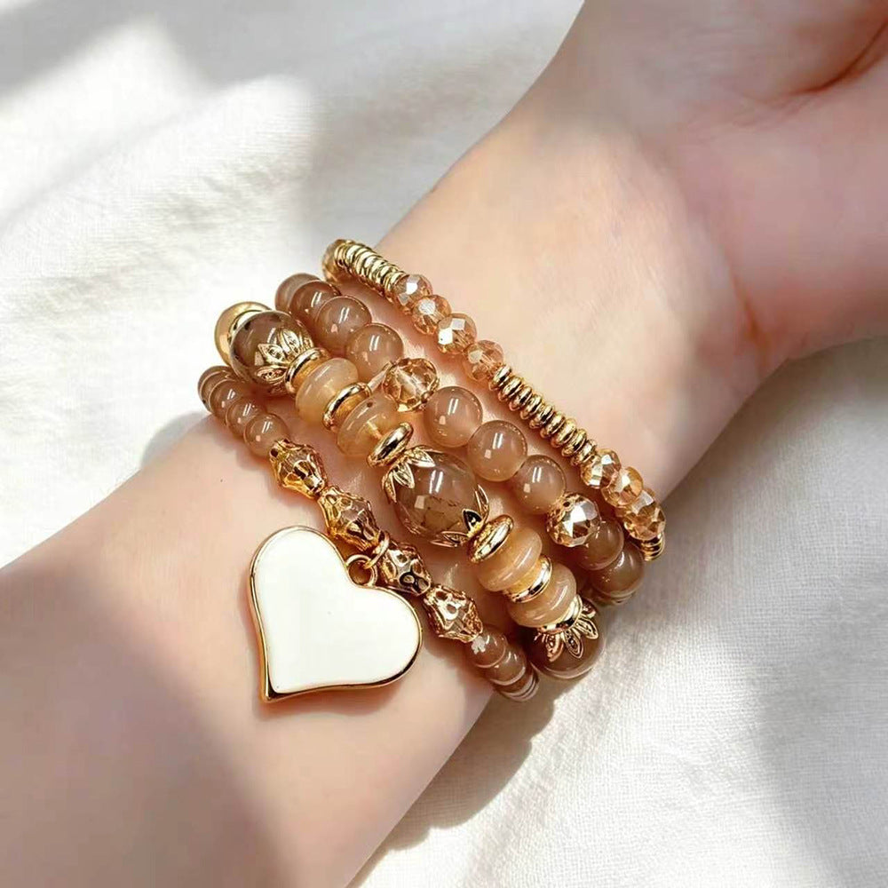 Bohemian Heart Shape Beaded Bracelet For Women In Beige Alloy