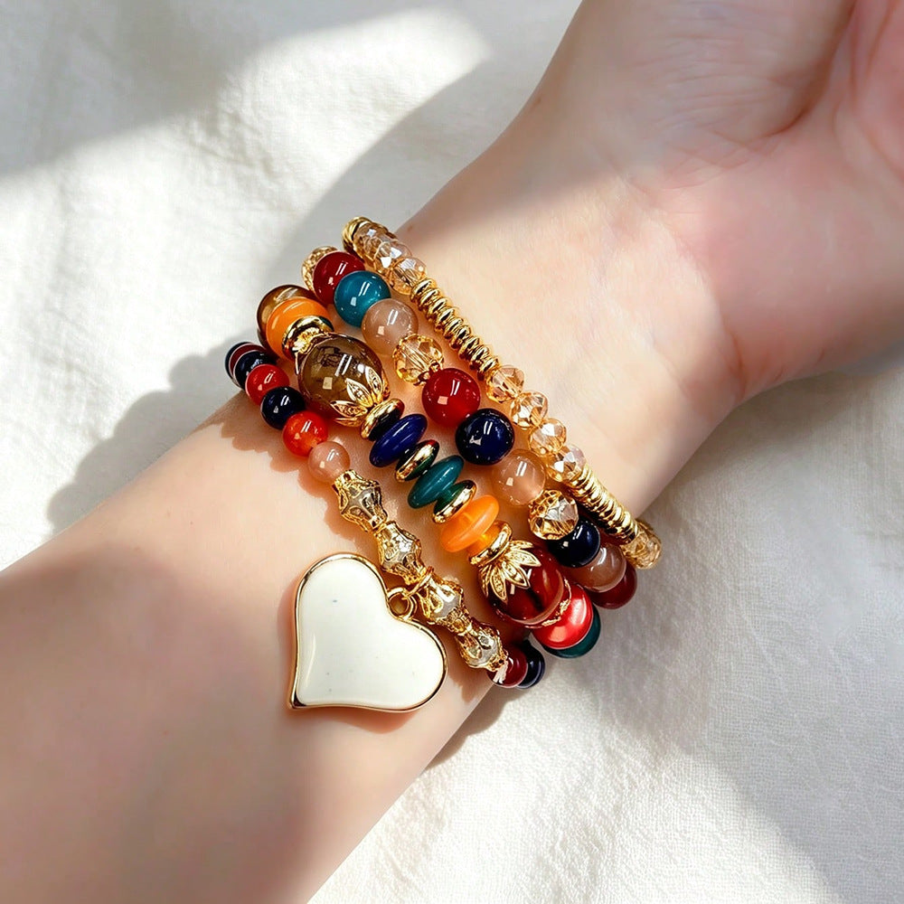 Bohemian Heart Shape Beaded Bracelet For Women In Beige Alloy