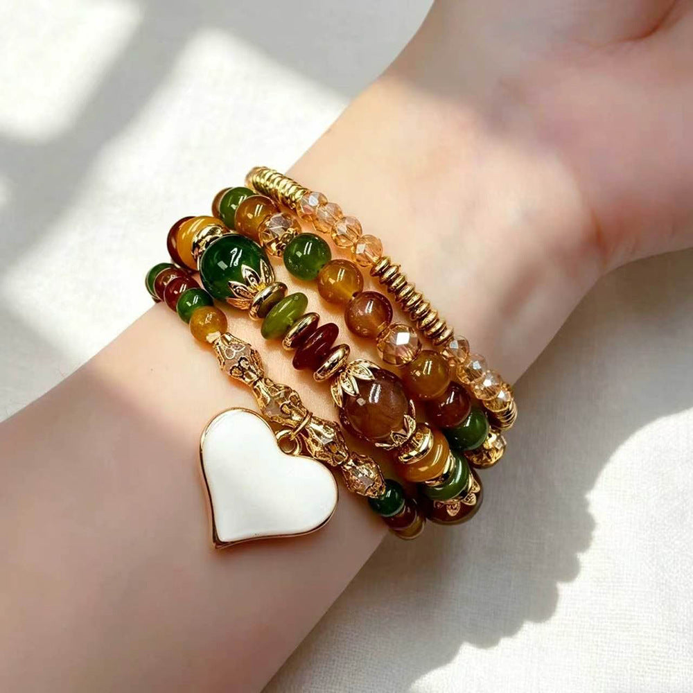 Bohemian Heart Shape Beaded Bracelet For Women In Beige Alloy
