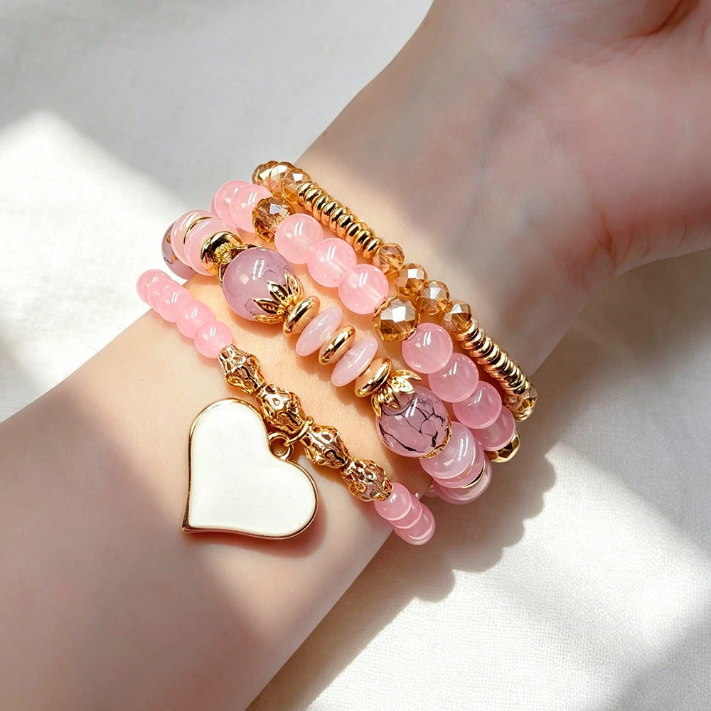Bohemian Heart Shape Beaded Bracelet For Women In Beige Alloy