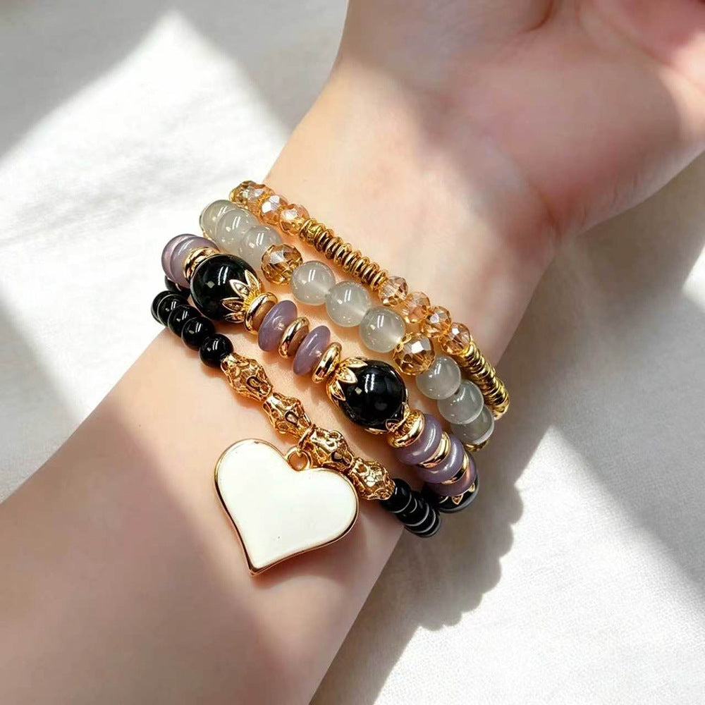 Bohemian Heart Shape Beaded Bracelet For Women In Beige Alloy