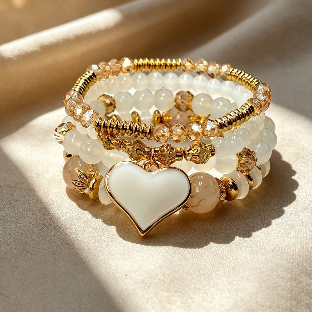 Bohemian Heart Shape Beaded Bracelet For Women In Beige Alloy