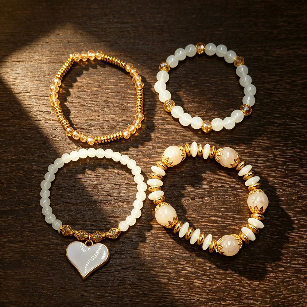 Bohemian Heart Shape Beaded Bracelet For Women In Beige Alloy