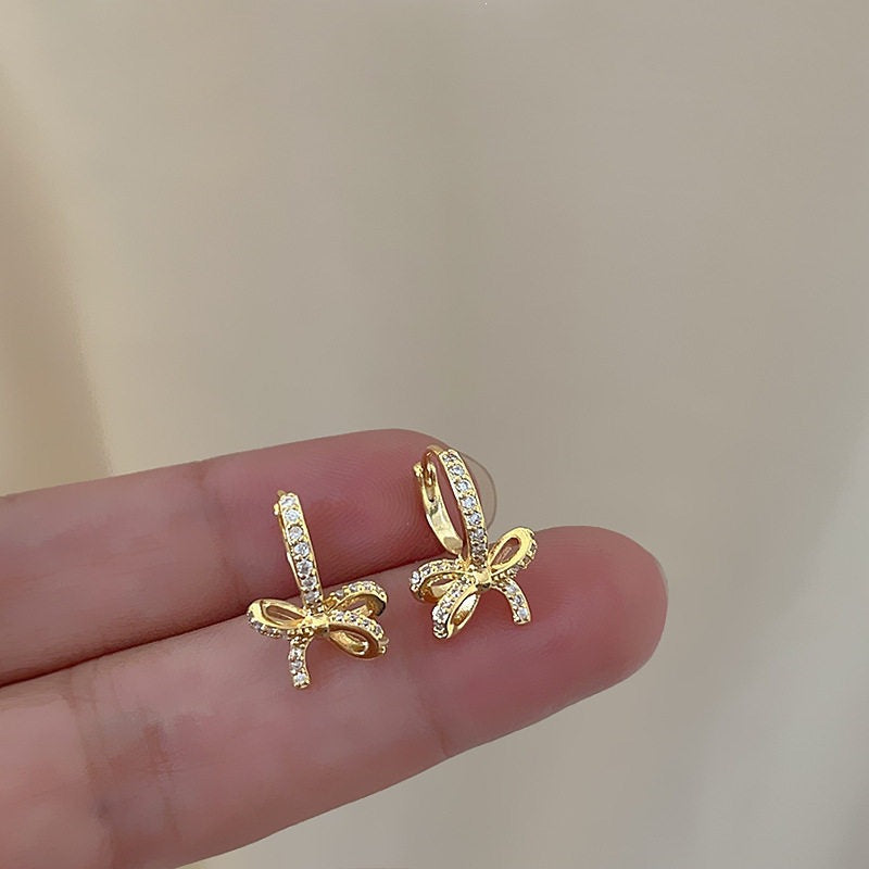 Gold Bow Tie Earrings For Women Featuring Copper Ear Pins And Zircon Inlay, 1 Pair