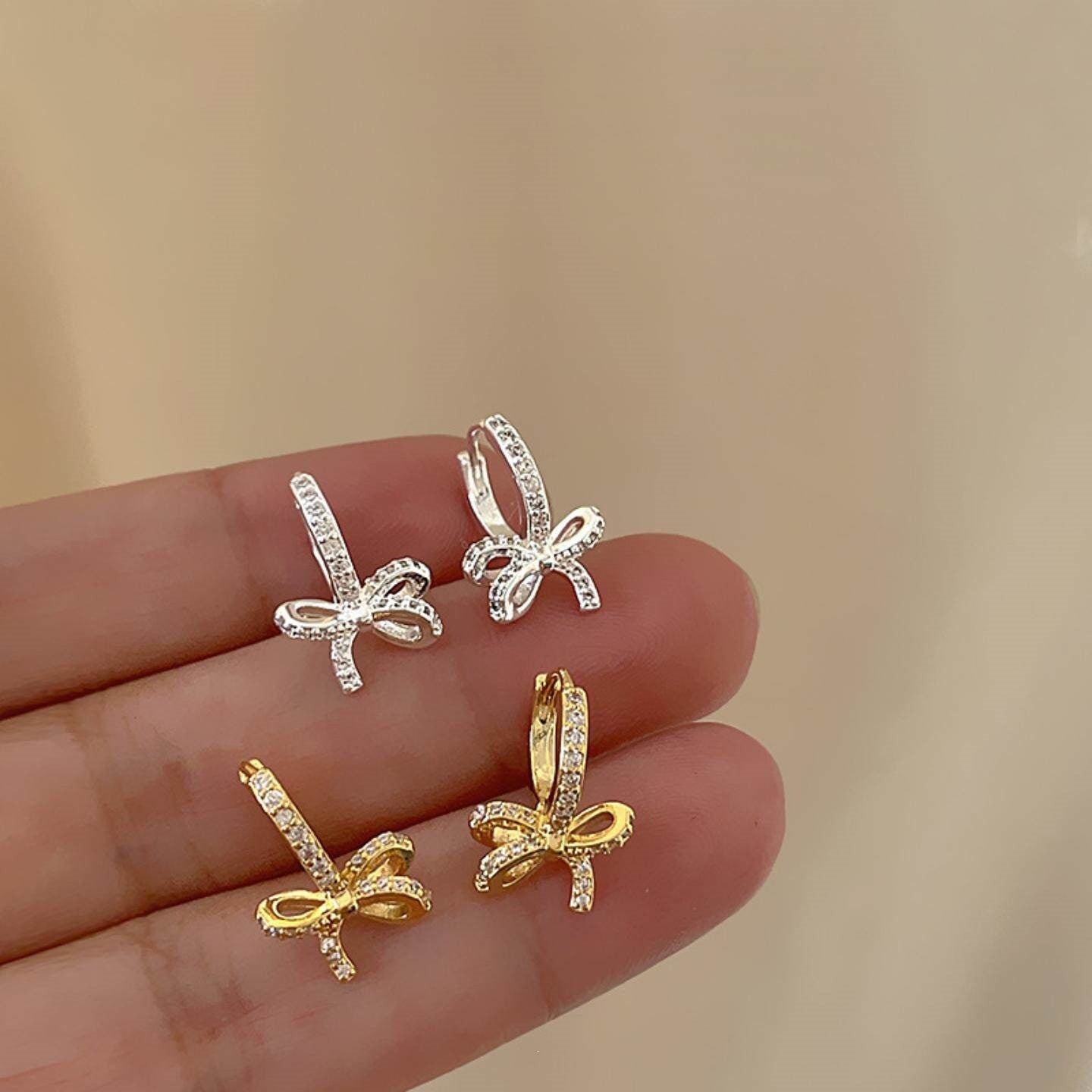 Gold Bow Tie Earrings For Women Featuring Copper Ear Pins And Zircon Inlay, 1 Pair