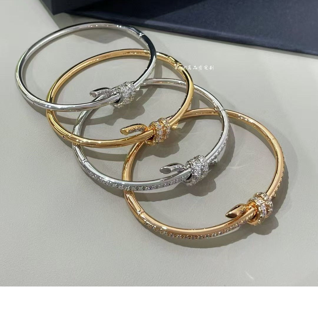 Elaborate Knot Bangle For Women In Sweet Style, Made Of Titanium Steel With 18K Real Gold Plating And Rhinestone Inlay