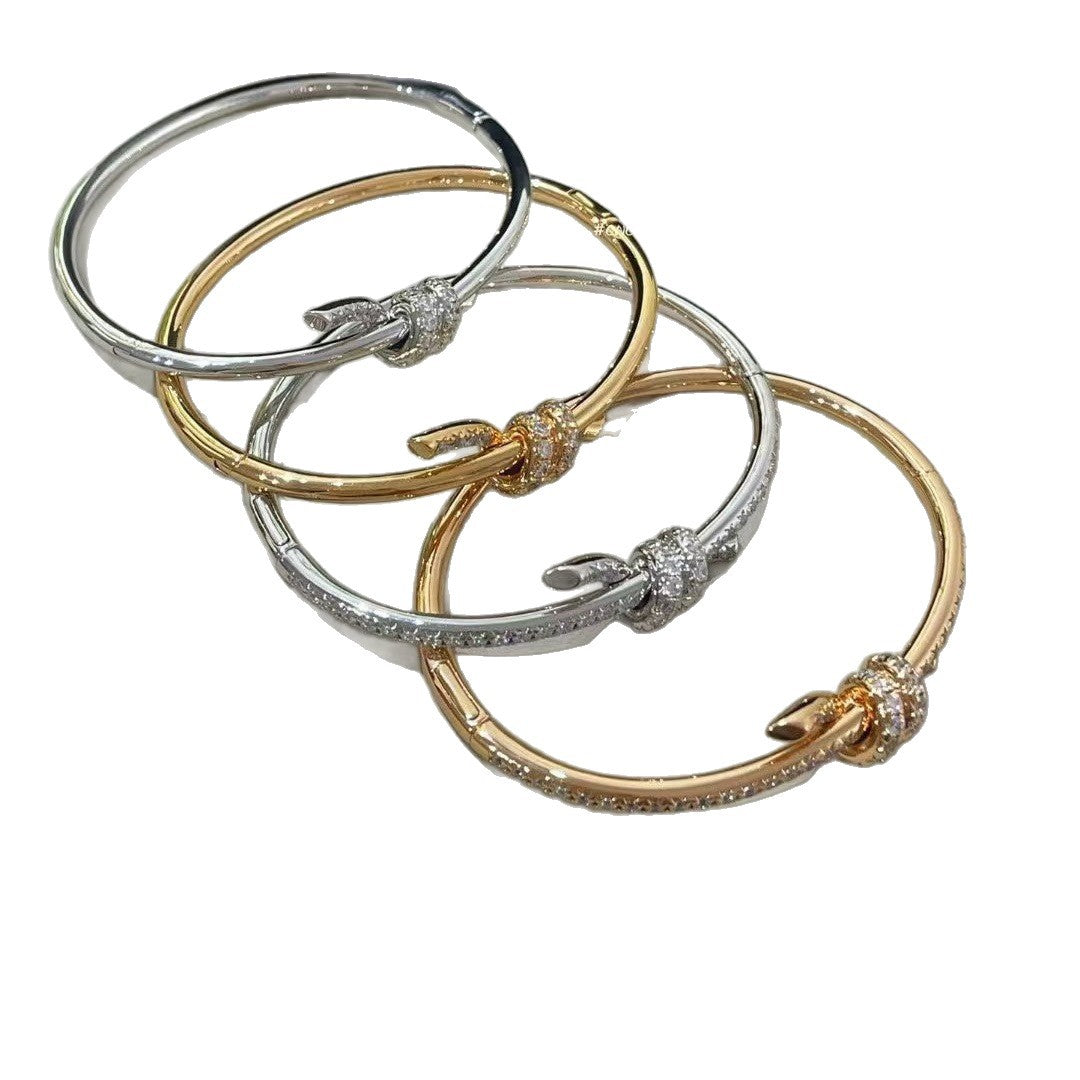Elaborate Knot Bangle For Women In Sweet Style, Made Of Titanium Steel With 18K Real Gold Plating And Rhinestone Inlay