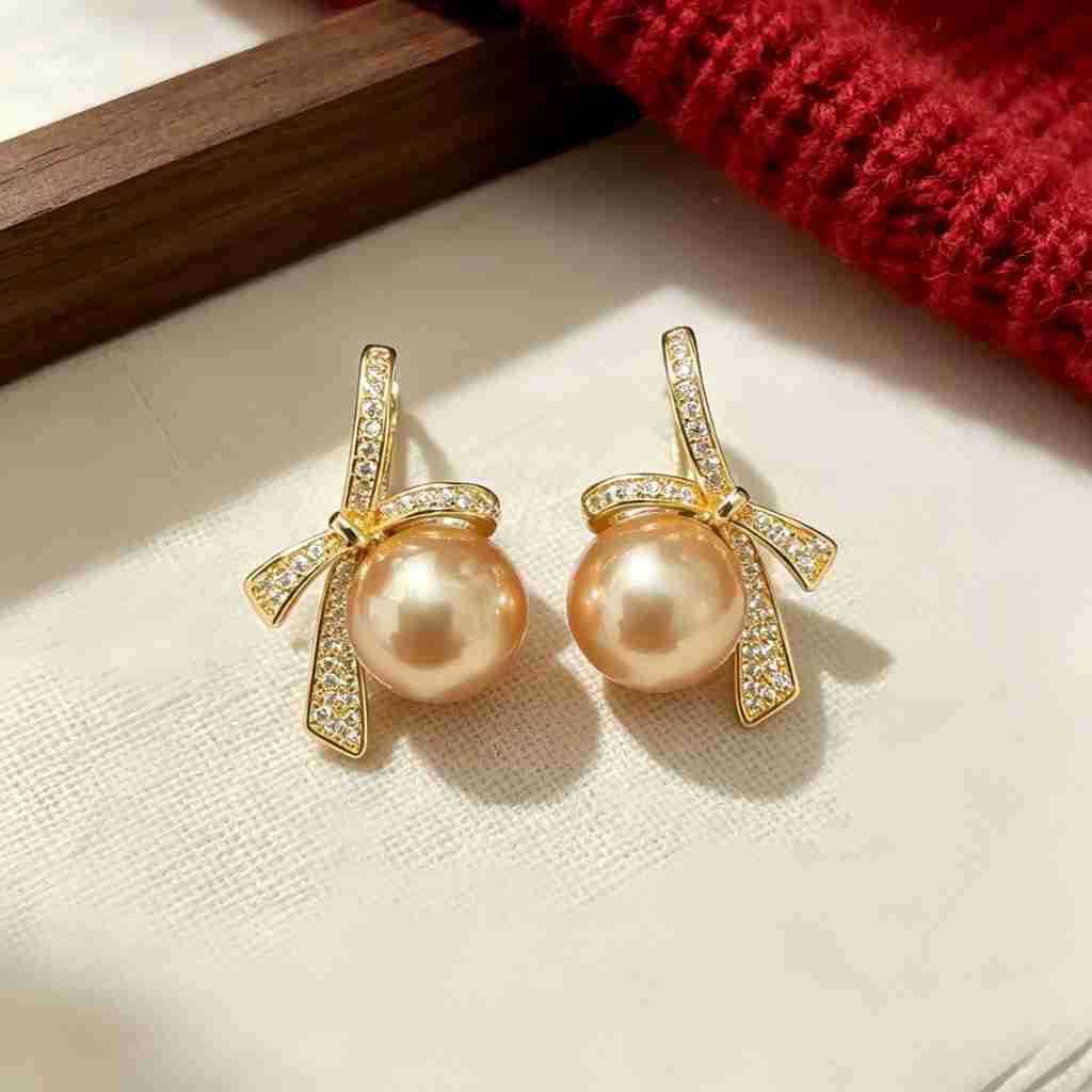 Gold Bow Tie Drop Earrings For Women In New Style, Made Of Copper With Rhinestones Inlay