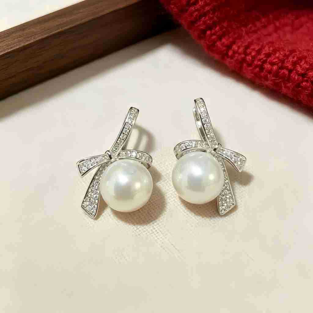 Gold Bow Tie Drop Earrings For Women In New Style, Made Of Copper With Rhinestones Inlay