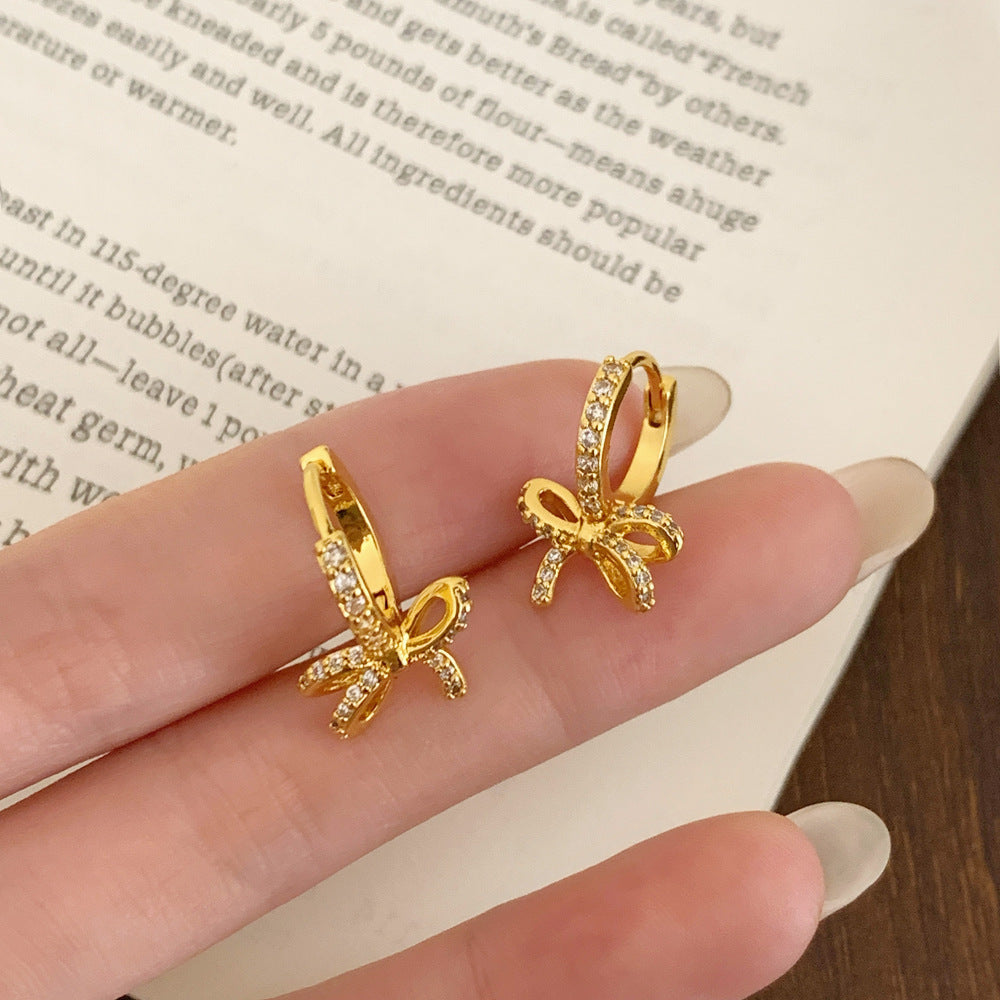 Gold Bow Tie Clip Earrings For Women With Copper Ear Pins And Zircon Inlay