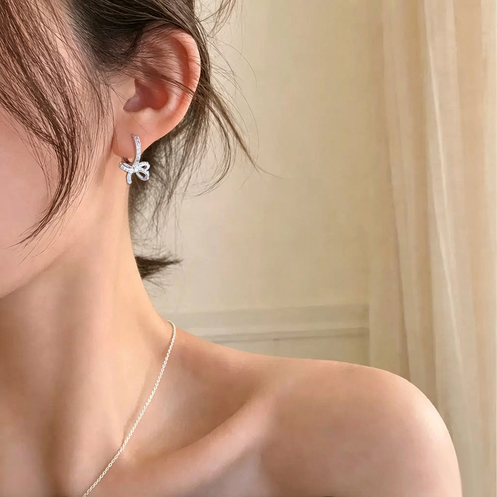 Gold Bow Tie Clip Earrings For Women With Copper Ear Pins And Zircon Inlay