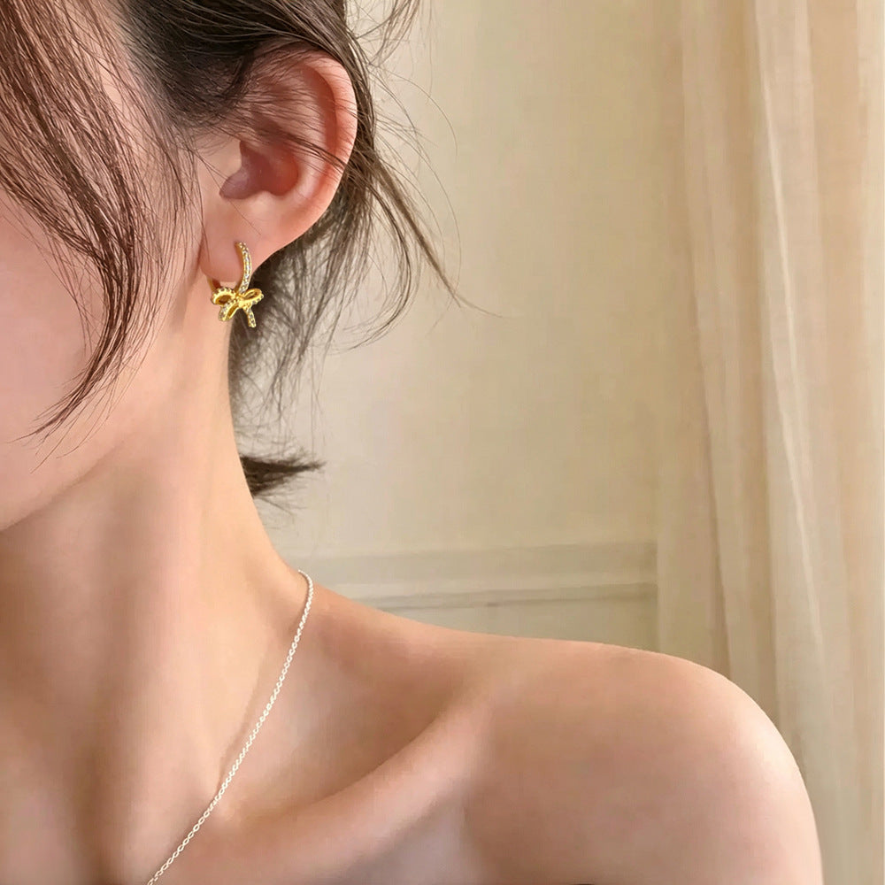 Gold Bow Tie Clip Earrings For Women With Copper Ear Pins And Zircon Inlay