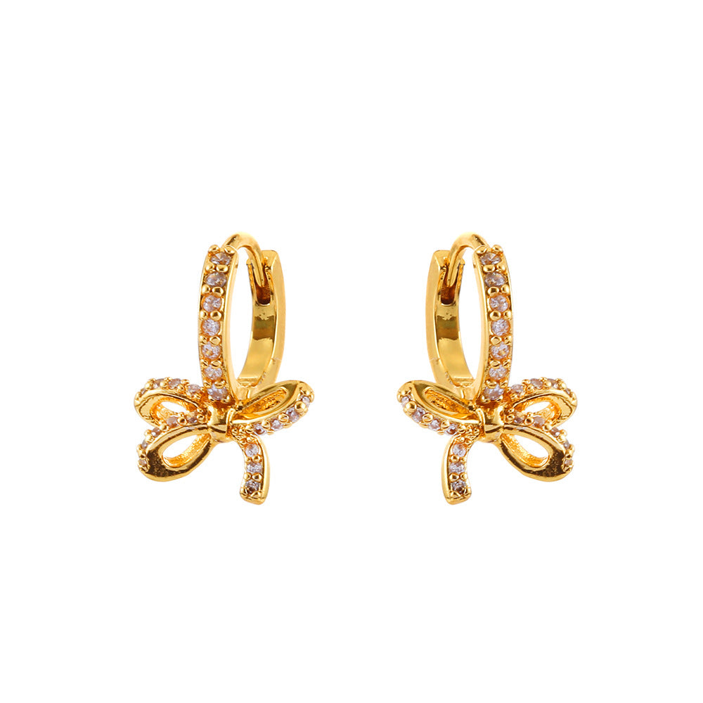 Gold Bow Tie Clip Earrings For Women With Copper Ear Pins And Zircon Inlay